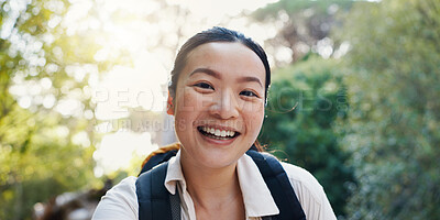 Buy stock photo Portrait, Asian woman and hiking in forest of backpacking, travel adventure and fitness in environment. Smile, female person and trekking journey in woods, nature survival and sightseeing on vacation