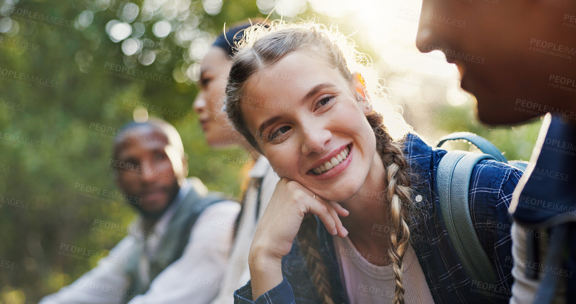 Buy stock photo Hiking, nature and people with conversation, travel and relax with weekend break, hobby and adventure. Group, outdoor and friends with discussion, journey and fitness with smile and calm in forest