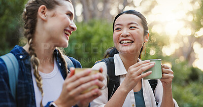 Buy stock photo Travel, coffee and hiking with friends in nature for lunch break, trekking adventure and park conservation. Drink conversation and environment with women in forest for tea, relax and peace together