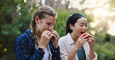 Buy stock photo Eating, food and hiking with friends in nature for lunch break, trekking adventure and park conservation. Hungry, conversation and environment with women in forest for snack, relax and peace together