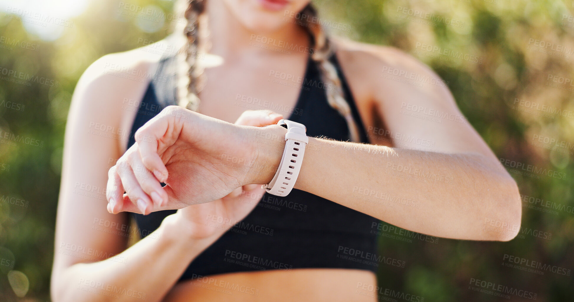 Buy stock photo Fitness, hands and woman check smart watch outdoor for performance tracking, running speed or workout results. Athlete, person or app for exercise progress, reading heart rate or step count in nature