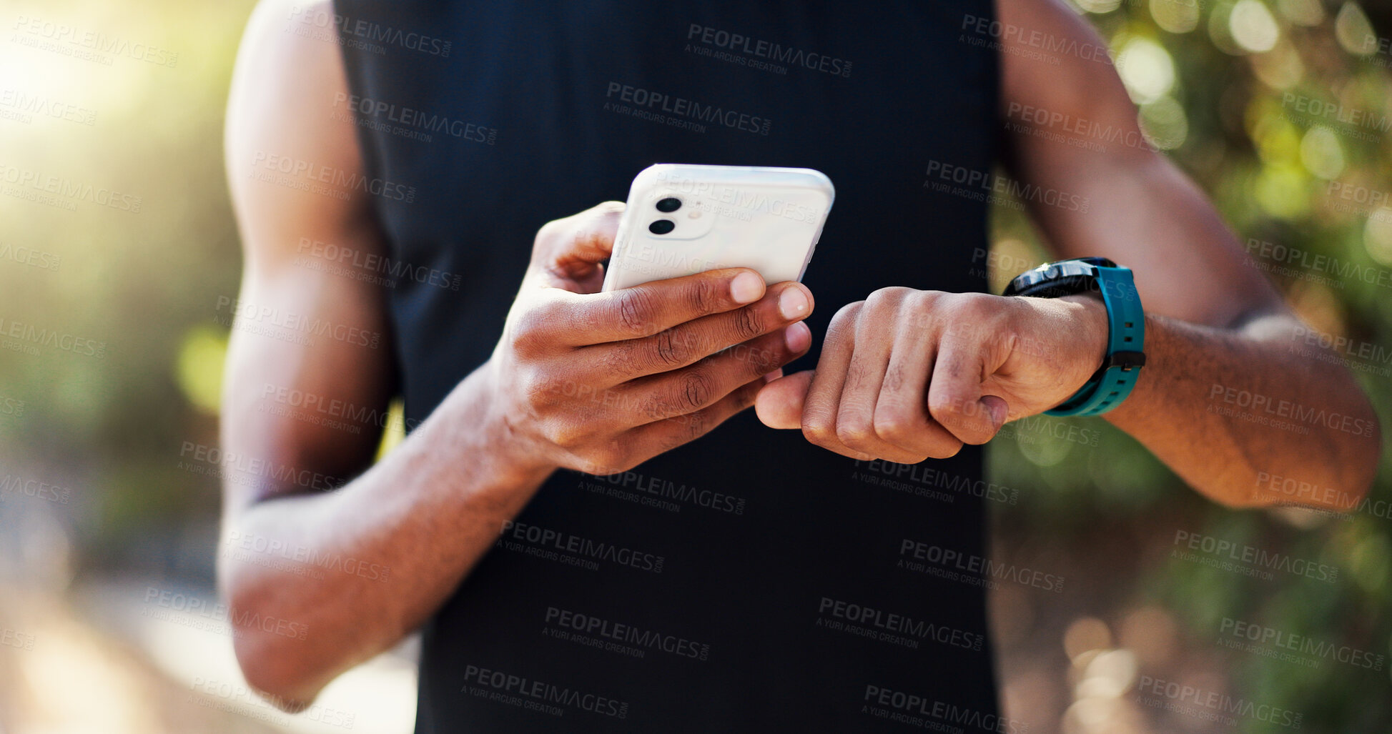 Buy stock photo Smart watch, fitness and hands of person with phone in nature for exercise, training and workout. Sports, runner and athlete check time or tracking heart rate for health, wellness app and performance