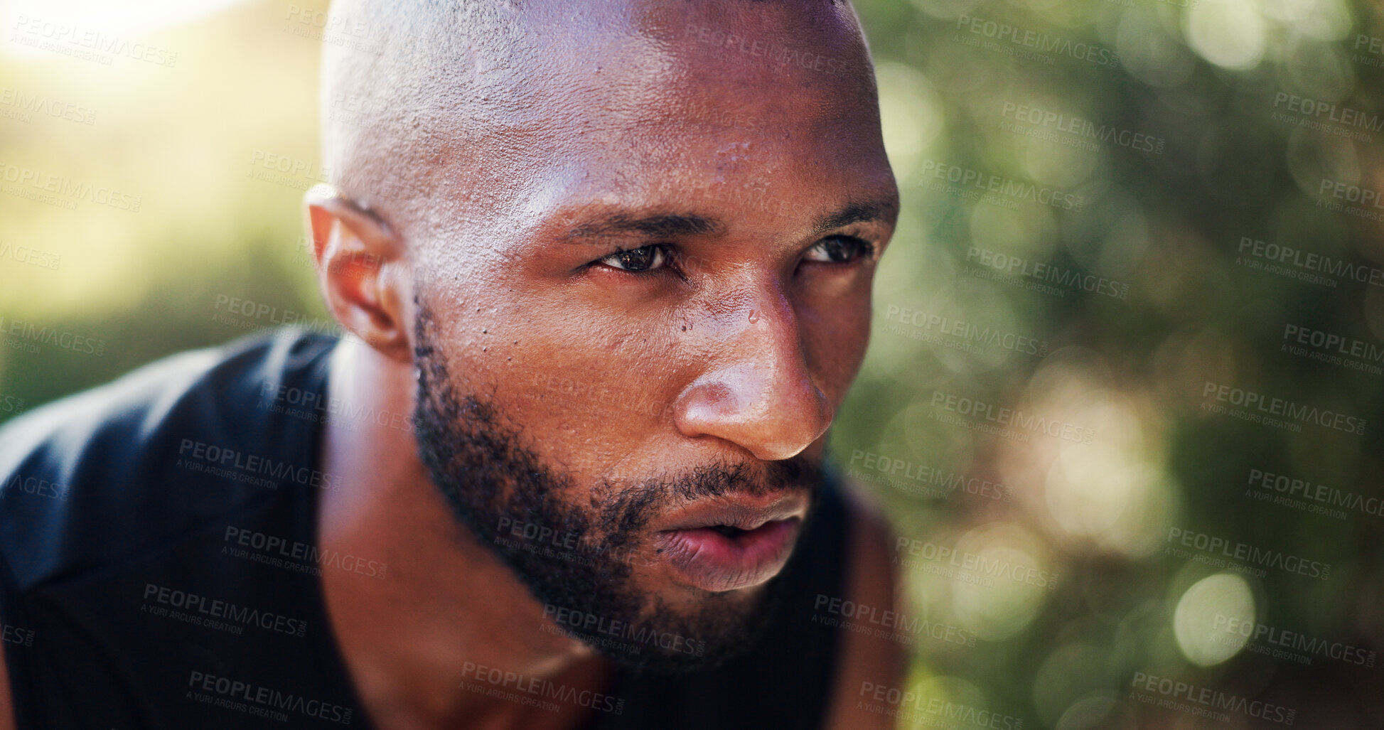 Buy stock photo Tired, outdoor and black man with fitness, exercise and exhausted with fatigue, challenge and break. African person, runner and athlete with cardio, relax and breathing with training and wellness