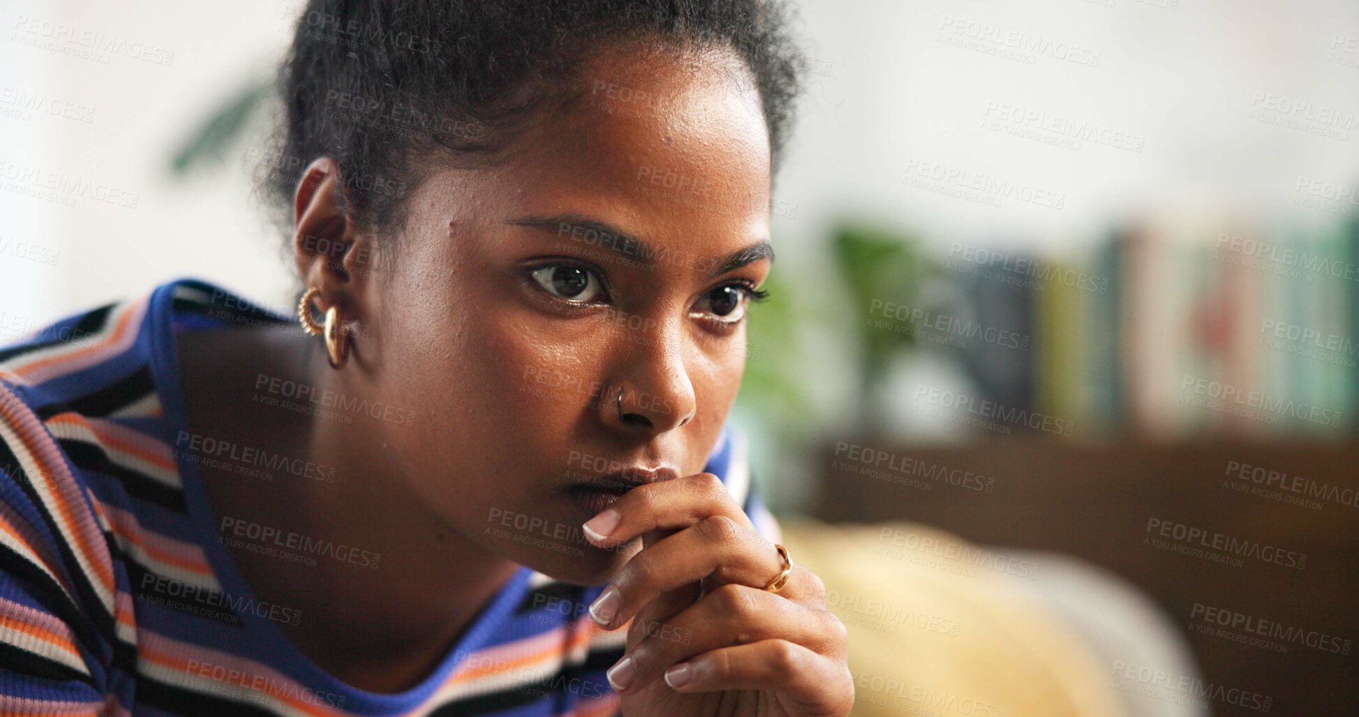 Buy stock photo Thinking, home and serious woman with reflection, stress or contemplating decision. Planning, challenge and female person with worry, regret choice or student remember memory with exam fail in house