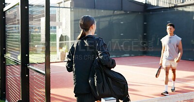 Buy stock photo Tennis, personal trainer and man and woman on court ready to start training, match and game. Sports club, athlete and people for exercise, workout and fitness for practice, playing and competition