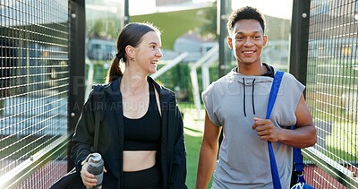 Buy stock photo Tennis, walking or people with smile on court to start training, match or game outdoors. Sports club, athlete and man and woman for exercise, workout and fitness for practice, playing and competition
