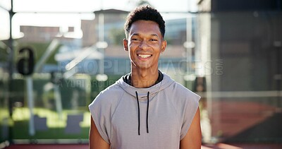 Buy stock photo Happy, tennis and portrait of man on court for fitness with outdoor training for competition. Health, stadium and male athlete from Mexico practicing for sports game, match or challenge with pride. 