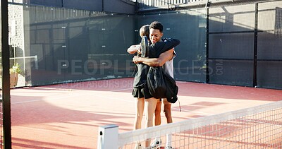 Buy stock photo Happy people, hug and tennis with love for game, match or friendly sportsmanship on court or turf. Man, woman or friends with embrace for fitness, workout or outdoor bonding together on sports ground