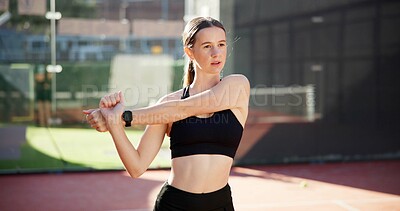 Buy stock photo Sports player, girl and stretching arms for tennis warm up, competition practice and getting ready for tournament. Athlete, wellness and fitness preparation for game performance and exercise on court