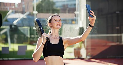 Buy stock photo Sports, happy and selfie of woman on tennis court for training, match and playing game outdoors. Fitness club, racket and person smile for exercise, workout and practice with photo for social media