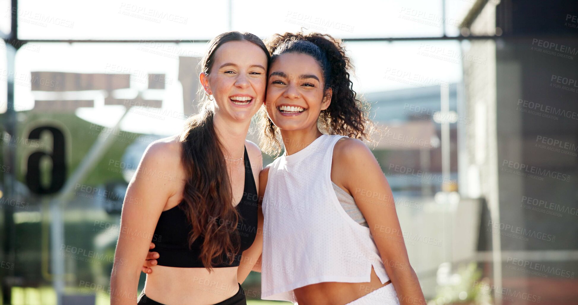 Buy stock photo Sports, tennis court and portrait of happy women for playing games, match and competition. Fitness club, athlete and friends outdoors hug for training, exercise and together for practice support