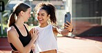 Sports, friends and selfie of women on tennis court for training, match and playing game. Fitness club, racket and happy people smile for exercise, workout and practice with photo for social media