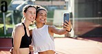 Happy, sports and selfie of friends on court for training, match and playing game outdoors. Fitness club, racket and women smile for exercise, workout and practice with photo for social media