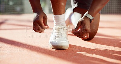 Buy stock photo Person, hands and tying shoes with laces for sport, fitness or outdoor exercise on turf or court. Closeup, athlete or runner getting ready with tie or sneakers for game, match start or workout prep
