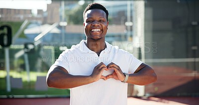 Buy stock photo Sports, tennis court and portrait of black man with heart for training, workout and exercise outdoors. Fitness, happy and person with hand gesture, emoji and support for practice, competition or game