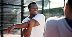 Sports player, man and stretching arms for practice warm up, competition training and getting ready for match. Happy Athlete, people or fitness preparation for game performance and exercise outdoor