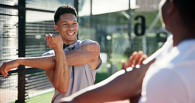 Buy stock photo Sports athlete, man and stretching arms for practice warm up, competition training and getting ready for match. Happy player, people and fitness preparation for game performance and exercise outdoor
