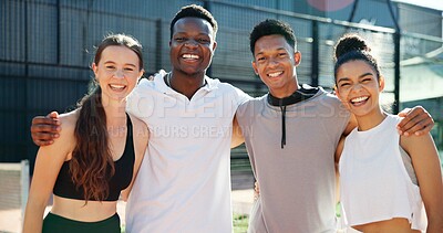 Buy stock photo Sports, tennis court and portrait of friends hug for playing games, match and competition. Fitness club, teamwork and happy men and women with smile for training, exercise and workout for practice