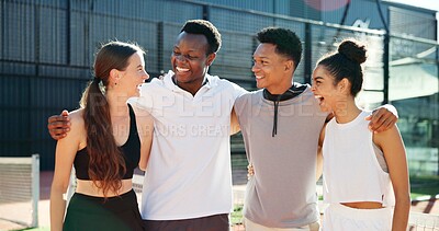 Buy stock photo Sports, tennis court and people hug with support for playing games, match and competition. Fitness friends, teamwork and happy men and women with smile for training, exercise and workout for practice