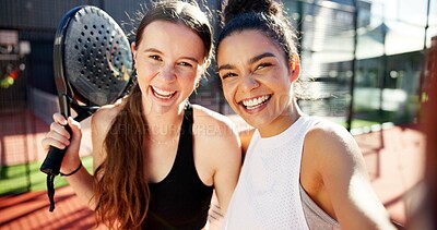 Buy stock photo Sports, selfie and portrait of women on court for training, match and playing game outdoors. Fitness club, racket and happy friends smile for exercise, workout or practice with photo for social media