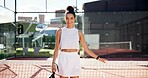 Sports, padel and woman with portrait on court for game practice, tournament challenge and confidence. Tennis player, racket and happy girl outdoor for fitness training, hobby and match performance