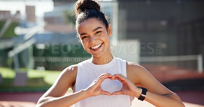 Buy stock photo Heart, hands and portrait of woman for sports, workout and exercise outdoors on tennis court. Fitness, training and happy person with hand gesture, emoji and support for practice, competition or game