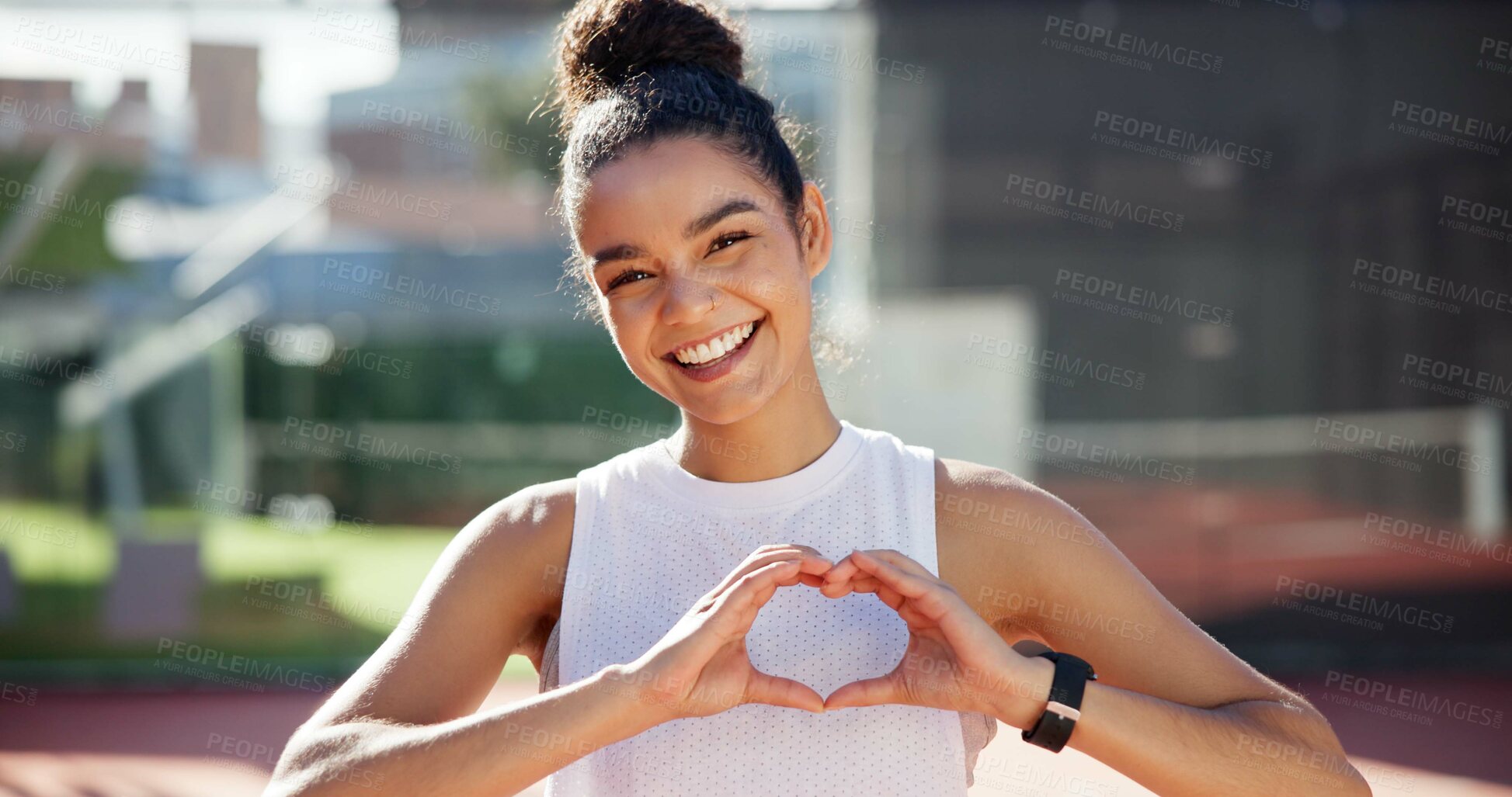 Buy stock photo Heart, hands and portrait of woman for sports, workout and exercise outdoors on tennis court. Fitness, training and happy person with hand gesture, emoji and support for practice, competition or game