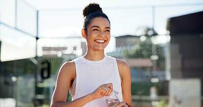 Buy stock photo Sports athlete, woman or happy with water for thirst hydration, exercise break or resting outdoor. Healthy, person or mineral drink for workout recovery, body detox or refreshment for cardio training