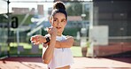 Sports player, woman and stretching arms for practice warm up, tennis competition or getting ready on court. Athlete, space and person with fitness preparation for game performance or workout outdoor