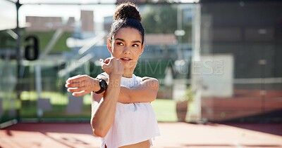 Buy stock photo Sports player, woman and stretching arms for practice warm up, tennis competition or getting ready on court. Athlete, space and person with fitness preparation for game performance or workout outdoor