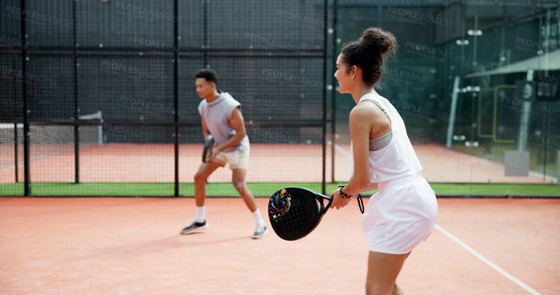 Buy stock photo Padel team, people and racket on court for playing tournament, match competition and sports challenge. Energy, tennis player and athlete for game training, performance fitness and workout exercise