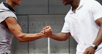 Buy stock photo Sports, tennis court and hands of men with handshake for competition, match and game. Fitness, teamwork and people with gesture for support, coaching and goal for training, workout and exercise