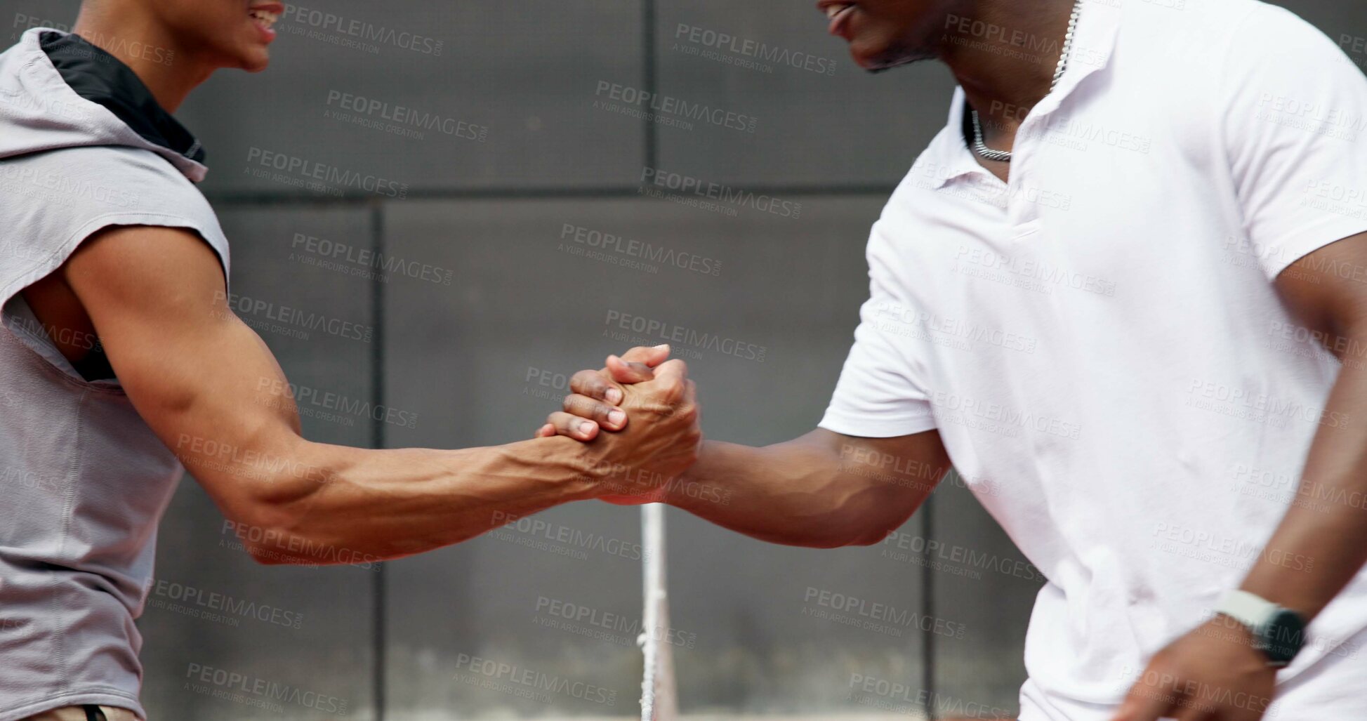 Buy stock photo Sports, tennis court and hands of men with handshake for competition, match and game. Fitness, teamwork and people with gesture for support, coaching and goal for training, workout and exercise