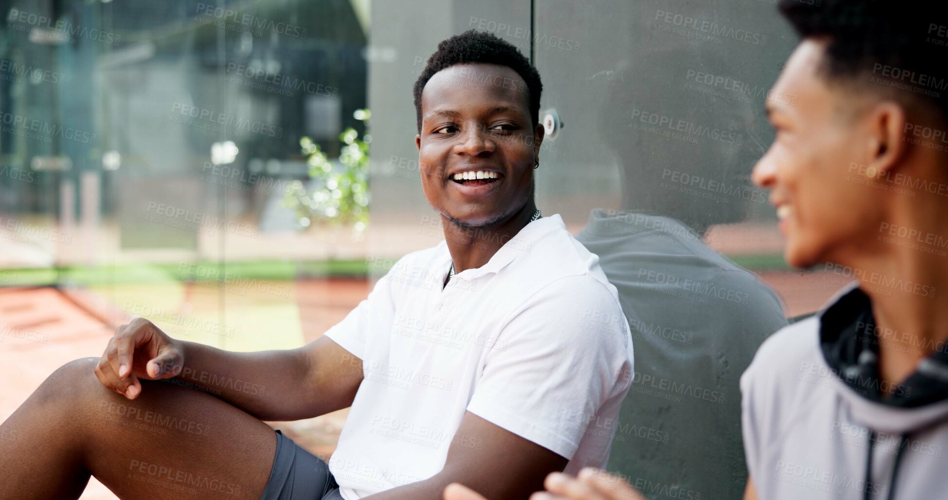 Buy stock photo Sport athlete, men and relax on court for tournament break, game discussion and resting together. Friends, people and happy at tennis club for fitness training, match workout and competition practice