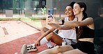 Squash, friends and selfie of women on court for training, match and playing game outdoors. Fitness club, racket and happy people smile for exercise, workout and practice with photo for social media