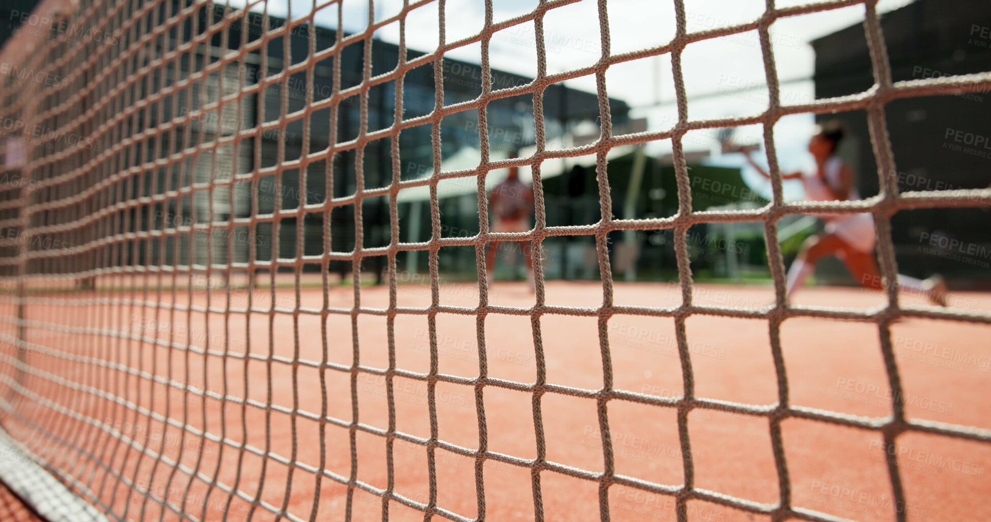 Buy stock photo Tennis, people and closeup of net on court for opponent barrier, fair play or competition match outdoor. Fitness, padel field and players for game challenge, tournament and playing area for practice