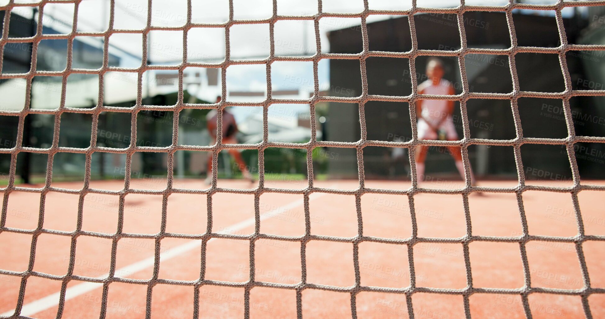 Buy stock photo Padel, people and closeup of net on court for opponent barrier, fair play or tournament match outdoor. Fitness, tennis field or players for game practice, competition challenge or playing for workout
