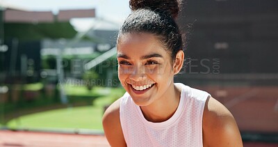 Buy stock photo Happy, tennis and woman on court for outdoor training with match, challenge or championship. Fitness, ready and female athlete at stadium with game, practice or sports activity for exercise.
