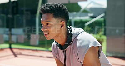 Buy stock photo Happy, tennis and man on court for outdoor training with match, challenge or championship. Fitness, ready and male athlete at stadium with game, practice or sports activity for exercise or workout.