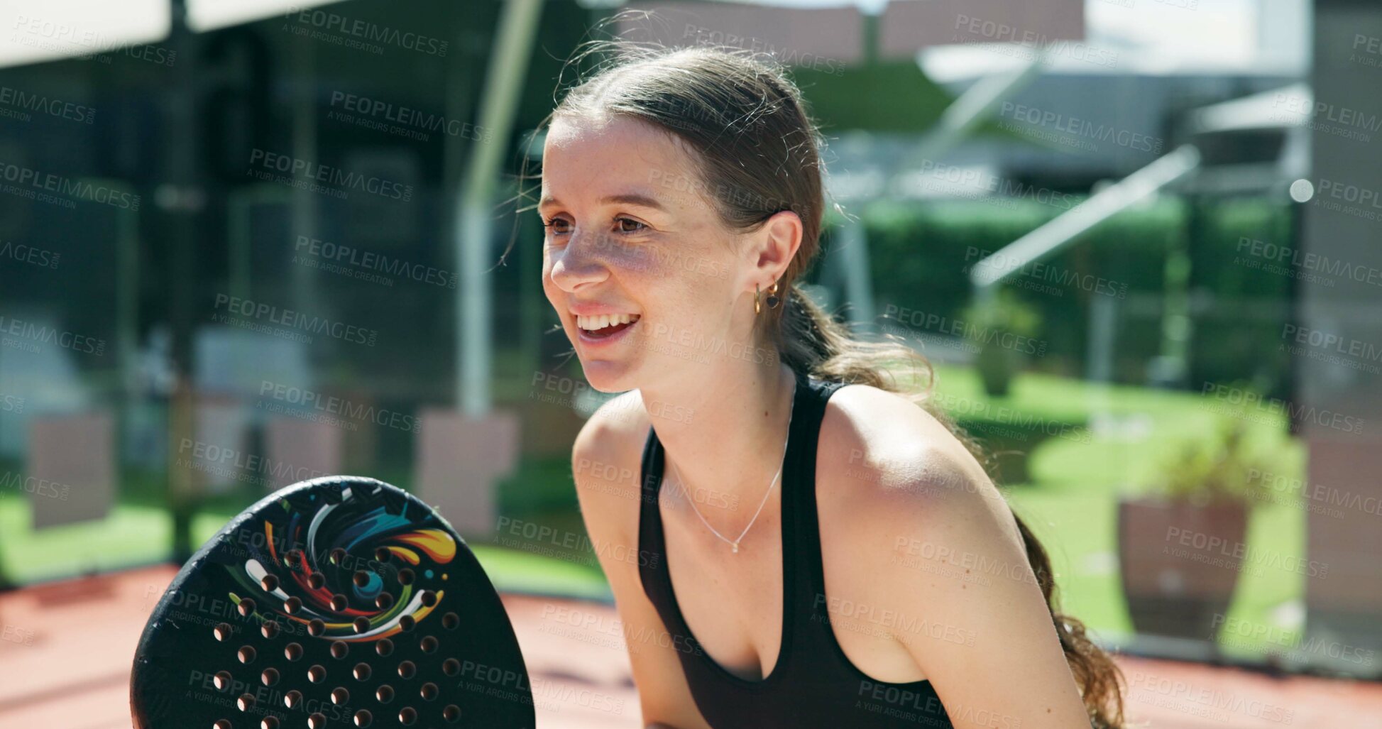 Buy stock photo Padel sport, woman and racket on court for playing tournament, match practice and waiting for ball. Happy, tennis player and girl for challenge training, performance fitness and competition workout