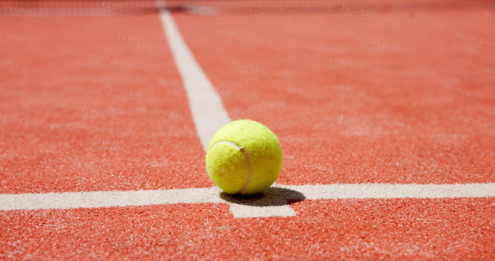 Buy stock photo Tennis sport, court and ball on floor for competition match, game practice and workout challenge. Closeup, exercise turf or training equipment on lines for tournament, padel contest and fitness hobby
