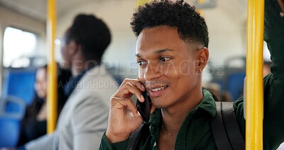 Buy stock photo Student, man and travel with phone call on bus for morning commute, conversation or ride to college. Person, smile or talking to contact in public transport for trip location or journey to university