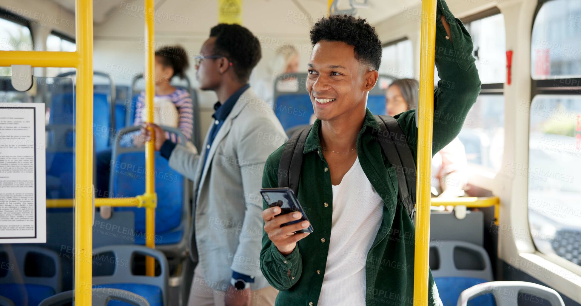 Buy stock photo Bus, people and man with smartphone, smile or connection with public transportation. Thinking, mobile user or commute with person, cellphone or digital app for chatting, travel or message to contact 