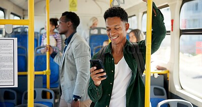 Buy stock photo Bus, people and man with smartphone, travel and communication with social media. Public transport, mobile user and commute with person, cellphone and digital app for chatting and message to contact 