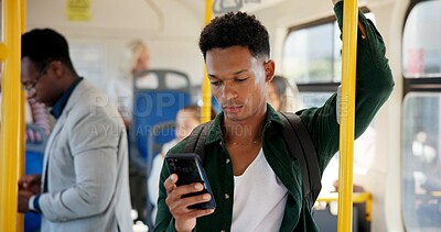 Buy stock photo Bus, people and man with cellphone, travel and communication with message to contact. Public transport, mobile user and commute with person, smartphone and digital app for chatting and city service