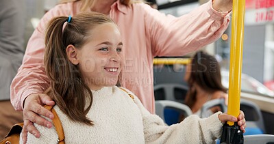 Buy stock photo Happy, girl and travel with parent on bus for morning commute, protection and school destination. Student, child and public transport with person for safety, journey support and smile for security