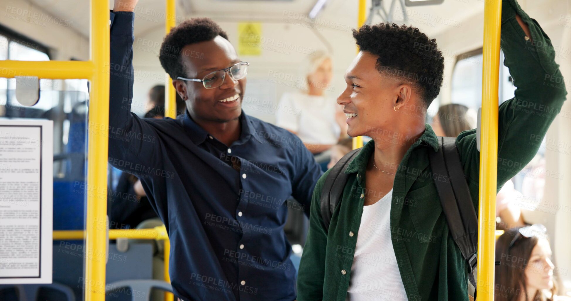 Buy stock photo Happy men, bus and chat with trip for travel, local commute or destination together in city. Male people, friends or social talk with public transport for location, toursim or journey in vehicle