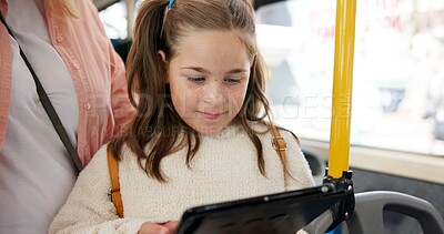 Buy stock photo Family, bus and girl with tablet, travel and adventure with connection, social media and commute. Chatting, mother and kid with tech, urban journey or digital app for online game, passengers or relax
