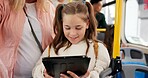 Mother, bus and girl with tablet, travel and internet with connection, social media and commute. Family, mama and kid with tech, urban journey and digital app for online game, passengers or adventure
