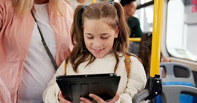 Buy stock photo Mother, bus and girl with tablet, travel and internet with connection, social media and commute. Family, mama and kid with tech, urban journey and digital app for online game, passengers or adventure